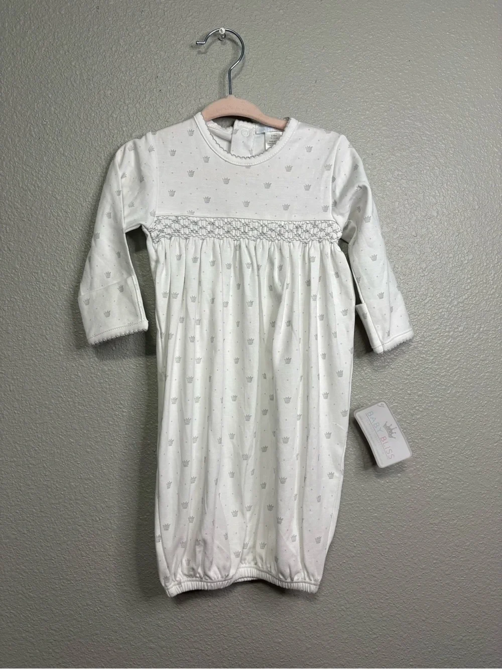 Baby Bliss Hand-Smocked Crown Print Pima Cotton Gown NWT 3-6 Months Made in Peru